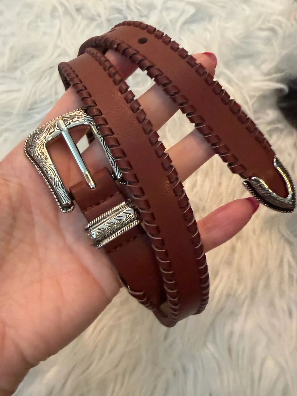 Rebecca Minkoff Brown Leather Western-Stitched Belt with Silver Buckle